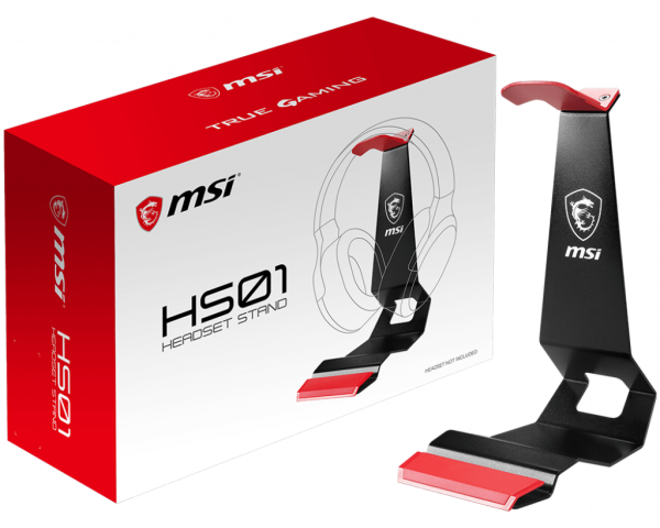 MSI HS01 Gaming Headset Stand 'Black with Red, Solid Metal Design, non slip base, Cable Organiser, Supports most headsets, Mobile holder'