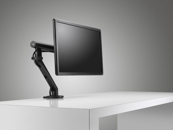 CBS Flo Monitor Arm black with black top mount clamp for desk edges of 12-25mm thickness.