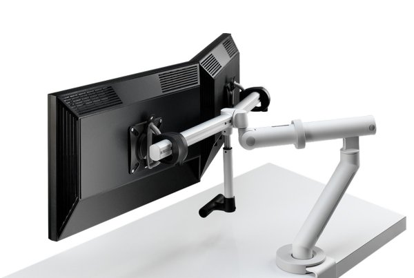 CBS Flo Plus Dual screen crossbar monitor arm white trim with top mount clampclamp for desk edges of up to 63mm thickness