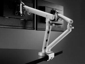 CBS Flo Dual Monitor Arms white trim with silver split clamp for desk edges of 18-65mm thickness