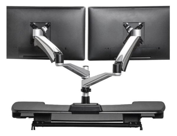 VARIDESK Dual Monitor Arm featuring tension adjustment 360 degree monitor rotation and fully articulated arms that support up to 19.8 kg each. Fits with your existing sit-stand VARIDESK. By elevating screens free up surface space for a neat minimalist wor