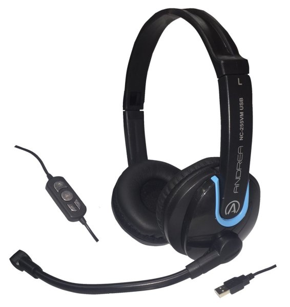 Andrea NC-255VM USB On-Ear USB Stereo Computer Headset with noise-cancelling microphone in-line controls for volume up and down and microphone and speaker mute buttons with USB plug.