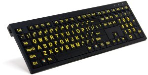 Visionaid VT Keys 2 Large print keyboard yellow letters on black keys USB. Includes flexible LED lighting strip to further enhance contrast