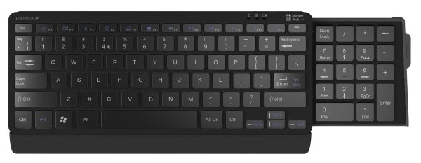 Posturite Bluetooth wireless Compact Number Slide Keyboard with retractable number pad.