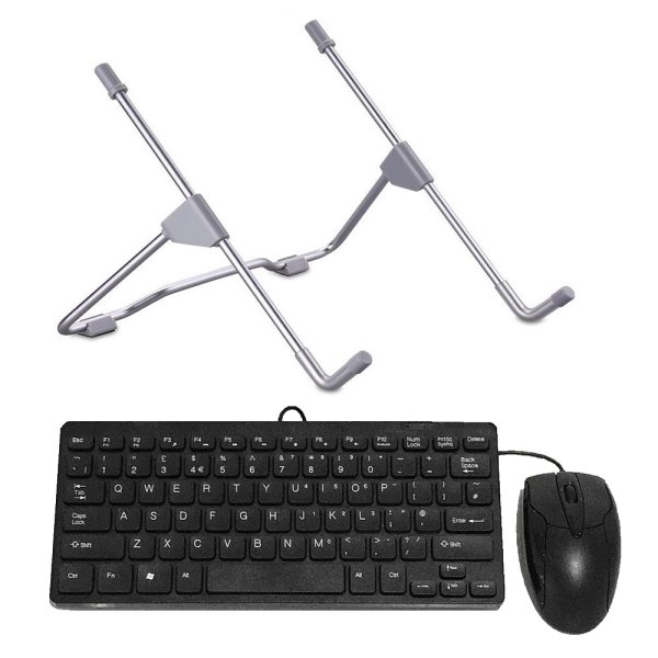 Standivarius Ergosafe Kit bundle includes laptop stand compact USB wired keyboard and wired mouse. Supplied by Hypertec.