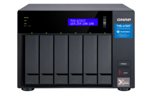 QNAP TVS-672XT-i3-8G 132TB (Seagate Exos) - 6-Bay NAS Intel Core i3-8100T 4-core 3.1 GHz Processor 8GB DDR4 RAM (max 32GB RAM) 6x 2.5″/3.5″ SATA HDD/SSD + 2x M.2 PCIe SSD slot 2xGbE LAN 1 x 10GBase-T 2 x Thunderbolt 3 port 4x USB 3.1 Gen 2 type-C & type-