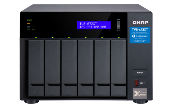 QNAP TVS-672XT-i3-8G 132TB (Seagate Exos) - 6-Bay NAS Intel Core i3-8100T 4-core 3.1 GHz Processor 8GB DDR4 RAM (max 32GB RAM) 6x 2.5"/3.5" SATA HDD/SSD + 2x M.2 PCIe SSD slot 2xGbE LAN 1 x 10GBase-T 2 x Thunderbolt 3 port 4x USB 3.1 Gen 2 type-C & type-