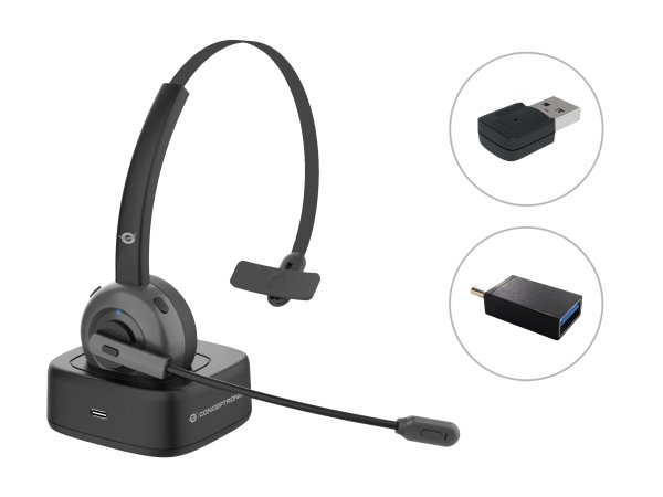 Conceptronic POLONA Wireless Bluetooth Headset with Charging Dock & Bluetooth USB Audio Adapter