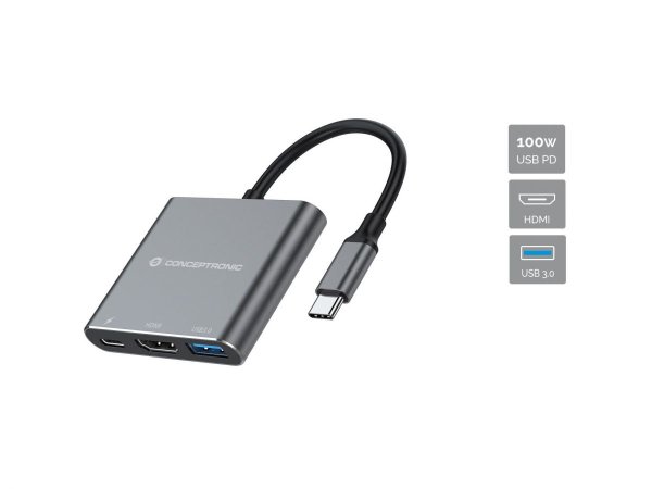 Conceptronic DONN18G 3-in-1 USB 3.2 Gen 1 Docking Station, HDMI, USB 3.0, 100W USB PD