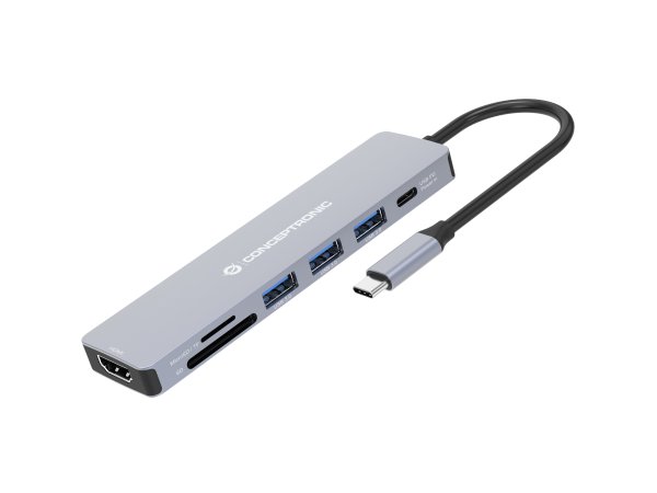 Conceptronic DONN19G 7-in-1 USB 3.2 Gen 1 Docking Station, HDMI, USB-A 3.0 x 3, SD, TF/MicroSD, 100W USB PD