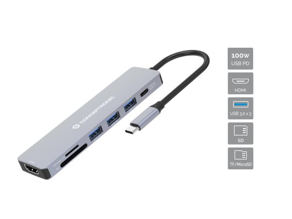 Conceptronic DONN19G 7-in-1 USB 3.2 Gen 1 Docking Station, HDMI, USB-A 3.0 x 3, SD, TF/MicroSD, 100W USB PD