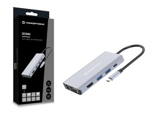 Conceptronic DONN20G 10-in-1 USB 3.2 Gen 1 Docking Station, HDMI, VGA, USB-A 3.0 x 3, SD, TF/MicroSD, Audio, GbE LAN, 100W USB PD