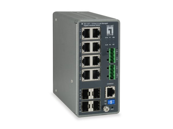 LevelOne TURING 12-Port L3 Lite Managed Gigabit Industrial Switch, 4 x SFP, DIN-Rail, -40°C to 75°C