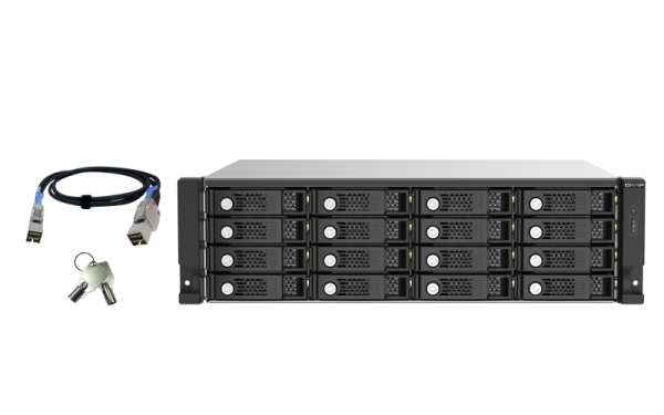 QNAP TL-R1620SEP-RP 160TB (Seagate Exos) 16-bay 3U rackmount SAS 12Gbps JBOD expansion enclosure with SAS expander; 2.5/3.5 SAS 12Gbps & SAS/SATA 6Gbps drives; 4 x SFF-8644 Mini-SAS HD ports; redundant PSU HDD/SSD enclosure Black, Grey 2.5/3.5"