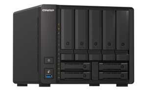 Synology QNAP TS-h973AX-32G 10TB (Seagate Exos) 9-bay NAS; AMD Ryzen V1500B 4C 8T 2.2GHz; 32GB DDR4 SODIMM; 5 x 2.5/3.5 SATA 6Gbps + 2 x 2.5 U.2 NVMe PCIe Gen3 x4 / 2.5 SATA 6Gbps + 2 x 2.5 SATA 6Gbps drive bays. 2 x 2.5GbE; 1 x 10GBASE-T Multi-Gig (10G/5