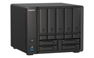 Synology QNAP TS-h973AX-32G 10TB (Seagate Exos) 9-bay NAS; AMD Ryzen V1500B 4C 8T 2.2GHz; 32GB DDR4 SODIMM; 5 x 2.5/3.5 SATA 6Gbps + 2 x 2.5 U.2 NVMe PCIe Gen3 x4 / 2.5 SATA 6Gbps + 2 x 2.5 SATA 6Gbps drive bays. 2 x 2.5GbE; 1 x 10GBASE-T Multi-Gig (10G/5