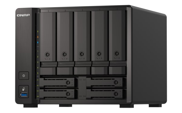 Synology QNAP TS-h973AX-32G 20TB (Seagate Ironwolf) 9-bay NAS; AMD Ryzen V1500B 4C 8T 2.2GHz; 32GB DDR4 SODIMM; 5 x 2.5/3.5 SATA 6Gbps + 2 x 2.5 U.2 NVMe PCIe Gen3 x4 / 2.5 SATA 6Gbps + 2 x 2.5 SATA 6Gbps drive bays. 2 x 2.5GbE; 1 x 10GBASE-T Multi-Gig (1