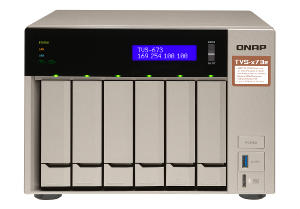 QNAP TVS-673e NAS Tower AMD Embedded R-Series SoC RX-421BD 4 GB DDR4 48 TB HDD QNAP Turbo System Black, Bronze