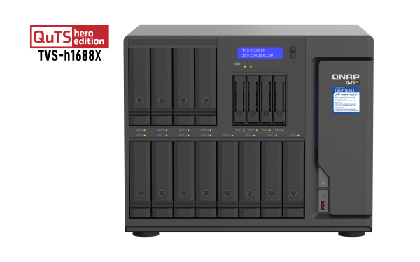 QNAP TVS-h1688X-W1250-32G 96TB (WD RED PRO) 16-Bay TurboNAS (12 x 3.5 HDD + 4 x 2.5 SSD); SATA 6G; Intel Xeon W-1250 6 cores 12 threads 3.3 GHz (boost up to 4.7 GHz); 32GB DDR4 ECC RAM (max. 128GB); 4 x 2.5GbE; 2 x 10GBASE-T 10GbE; 2 x M.2 22110/2280 NV N