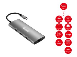 Equip USB-C 9 in 1 Multifunctional Adapter, HDMI 4K/60Hz, Gigabit LAN, USB 3.2 GEN1, SD/TF, 100W USB PD