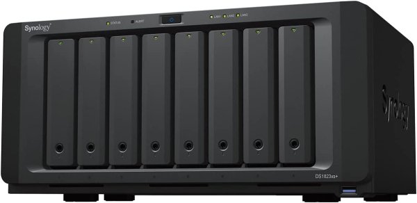 Synology DS1823xs+ 30.72TB (Synology SAT52) 8 bay desktop NAS - AMD Ryzen V1780B 8GB DDR4 SO-DIMM (expandable 32GB) 2 x 1GbE and 1 x 10GbE 2 x M.2 2280 NVMe slots Powerful Performance : Over 3100/2600 MB/s sequential read/write throughput and over 173100