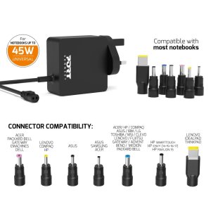 Universal power adapter for notebooks up to 45 W - UK plug. 7 universal detachable tips compatible with: Lenovo HP Dell Acer Asus Toshiba Compaq LG Samsung IBM Fujitsu MSI Benq Packard Bell Medion Clevo eMachines. Adaptable output power & over voltage pro