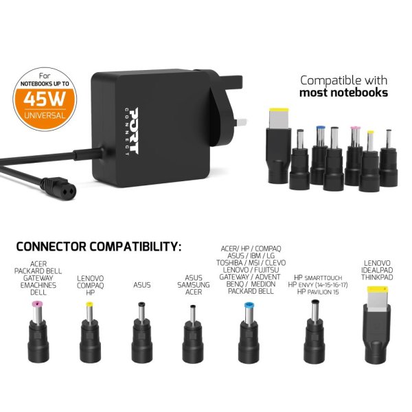 Universal power adapter for notebooks up to 45 W - UK plug. 7 universal detachable tips compatible with: Lenovo HP Dell Acer Asus Toshiba Compaq LG Samsung IBM Fujitsu MSI Benq Packard Bell Medion Clevo eMachines. Adaptable output power & over voltage pro