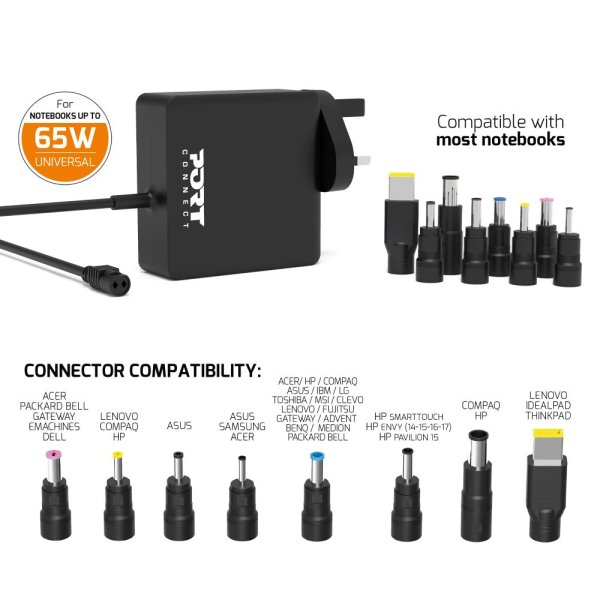 Universal power adapter for notebooks up to 65 W - UK plug 9 universal detachable tips compatible with: Lenovo HP Dell Acer Asus Toshiba Compaq LG Samsung IBM Fujitsu MSI Benq Packard Bell Medion Clevo eMachines. Adaptable output power & over voltage prot