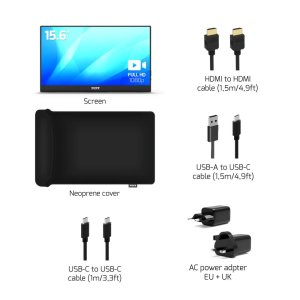 Port Connect Full HD LCD NOMAD Screen. 15.6″ 1080p portable display slim lightweight design includes internal kickstand supports HDMI and USB Type C connection 3.5 mm Audio Jack for speakers or headphones and neoprene protection sleeve. Privacy filter ava