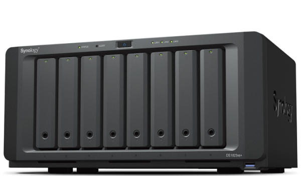 Synology DS1823xs+ 128TB (Synology HAT33) 8 bay desktop NAS - AMD Ryzen V1780B 8GB DDR4 SO-DIMM (expandable 32GB) 2 x 1GbE and 1 x 10GbE 2 x M.2 2280 NVMe slots Powerful Performance : Over 3100/2600 MB/s sequential read/write throughput and over 173100/80