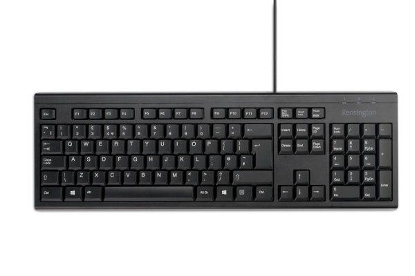 Kensington KB100 USB EQ Standard Keyboard - UK. Manufactured using 65% post-consumer recycled content (PCR). Features sealed membrane / spill-proof design.