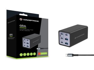 Conceptronic 6-Port 200W GaN USB PD Charger with USB-C Charging Cable, USB-C x 4, USB-A x 2, QC 3.0, PD 3.1, PPS