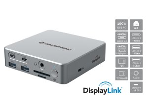 Conceptronic DONN25G 15-in-1 DisplayLink USB 3.2 Gen 2 Docking Station, Triple 4K60Hz Display, HDMI x 2, DisplayPort, USB-C 10Gbps x 2, USB-A 10Gbps x 2, USB-A 5Gbps x 2, SD, TF/MicroSD, GbE, Audio, DC in, Security Slot, PD 3.0