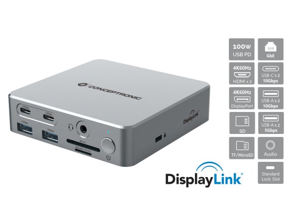 Conceptronic DONN25G 15-in-1 DisplayLink USB 3.2 Gen 2 Docking Station, Triple 4K60Hz Display, HDMI x 2, DisplayPort, USB-C 10Gbps x 2, USB-A 10Gbps x 2, USB-A 5Gbps x 2, SD, TF/MicroSD, GbE, Audio, DC in, Security Slot, PD 3.0