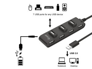 7x USB 2.0 Type-A, 28 x 15 x 100 mm, 57 g, Black