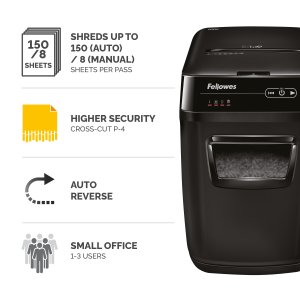 Fellowes Paper Shredder 150 Sheet Auto Feed Cross Cut Shredder AutoMax 150C Shredder with 32 Litre Bin High Security P4