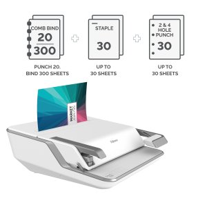 Fellowes Binding Machine Lyra 21 Hole 300 Sheet Manual Comb Binder 3-in-1 Binding Centre with Built in Stapler and Hole Puncher