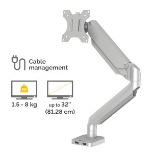 Fellowes Platinum Series Monitor Arm - Monitor Mount for 8KG 32 Inch Screens - Adjustable Monitor Desk Mount - Tilt 45° Pan 180° Swivel 360° Rotation 360°, VESA 75 x 75/100 x 100 - Silver