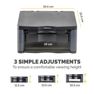 Fellowes Computer Monitor Stand with 3 Height Adjustments - Premium Monitor Riser Plus with Cable Management - Ergonomic Adjustable Monitor Stand for Computers - Max Weight 36KG/Max Size 21" - Graphite