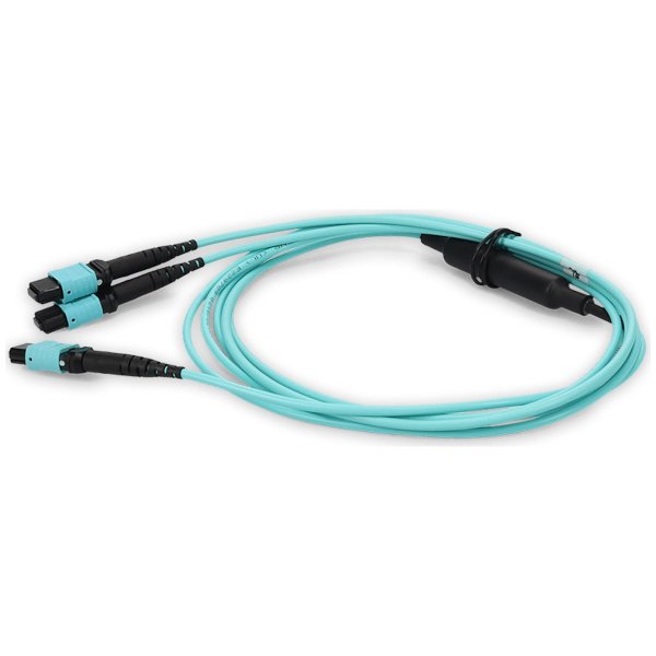 8m 2xMPO-16 (Female) to MPO (Female) 16-strand Aqua OM4 Crossover LSZH-Rated) Fiber Fanout Cable