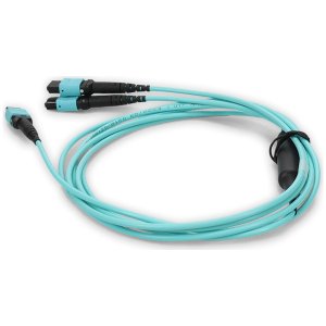 8m 2xMPO-16 (Female) to MPO (Female) 16-strand Aqua OM4 Crossover LSZH-Rated) Fiber Fanout Cable