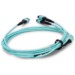 8m 2xMPO-16 (Female) to MPO (Female) 16-strand Aqua OM4 Crossover LSZH-Rated) Fiber Fanout Cable