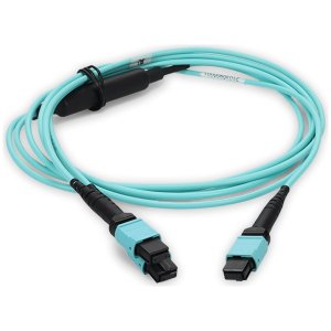 8m 2xMPO-16 (Female) to MPO (Female) 16-strand Aqua OM4 Crossover LSZH-Rated) Fiber Fanout Cable