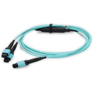 8m 2xMPO-16 (Female) to MPO (Female) 16-strand Aqua OM4 Crossover LSZH-Rated) Fiber Fanout Cable