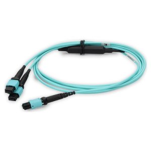 10m 2xMPO-16 (Female) to MPO (Female) 16-strand Aqua OM4 Crossover OFNR (Riser-Rated) Fiber Fanout Cable