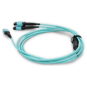 2m 2xMPO-16 (Female) to MPO (Female) 16-strand Aqua OM4 Crossover OFNR (Riser-Rated) Fiber Fanout Cable