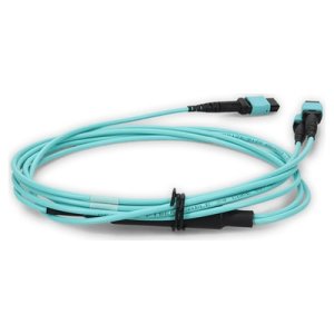 2m 2xMPO-16 (Female) to MPO (Female) 16-strand Aqua OM4 Crossover OFNR (Riser-Rated) Fiber Fanout Cable