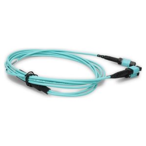 2m 2xMPO-16 (Female) to MPO (Female) 16-strand Aqua OM4 Crossover OFNR (Riser-Rated) Fiber Fanout Cable