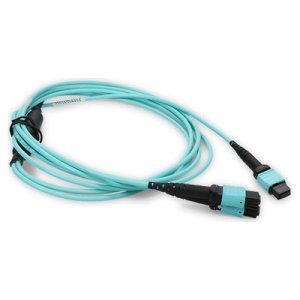 2m 2xMPO-16 (Female) to MPO (Female) 16-strand Aqua OM4 Crossover OFNR (Riser-Rated) Fiber Fanout Cable