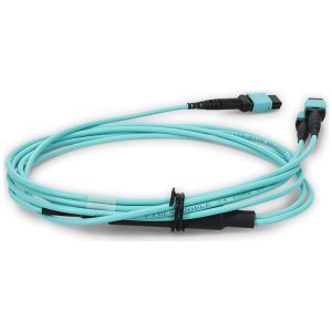 30m 4xMPO-16 (Female) to MPO (Female) 16-strand Aqua OM4 Crossover OFNR (Riser-Rated) Fiber Fanout Cable